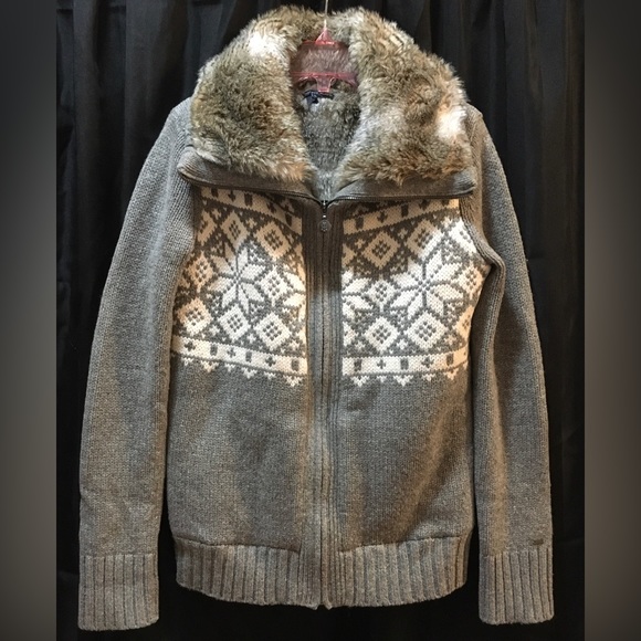 Tommy Hilfiger - Wool Blend Faux Fur Lined Knit Cardigan Fair Isle Print - M - Picture 1 of 11